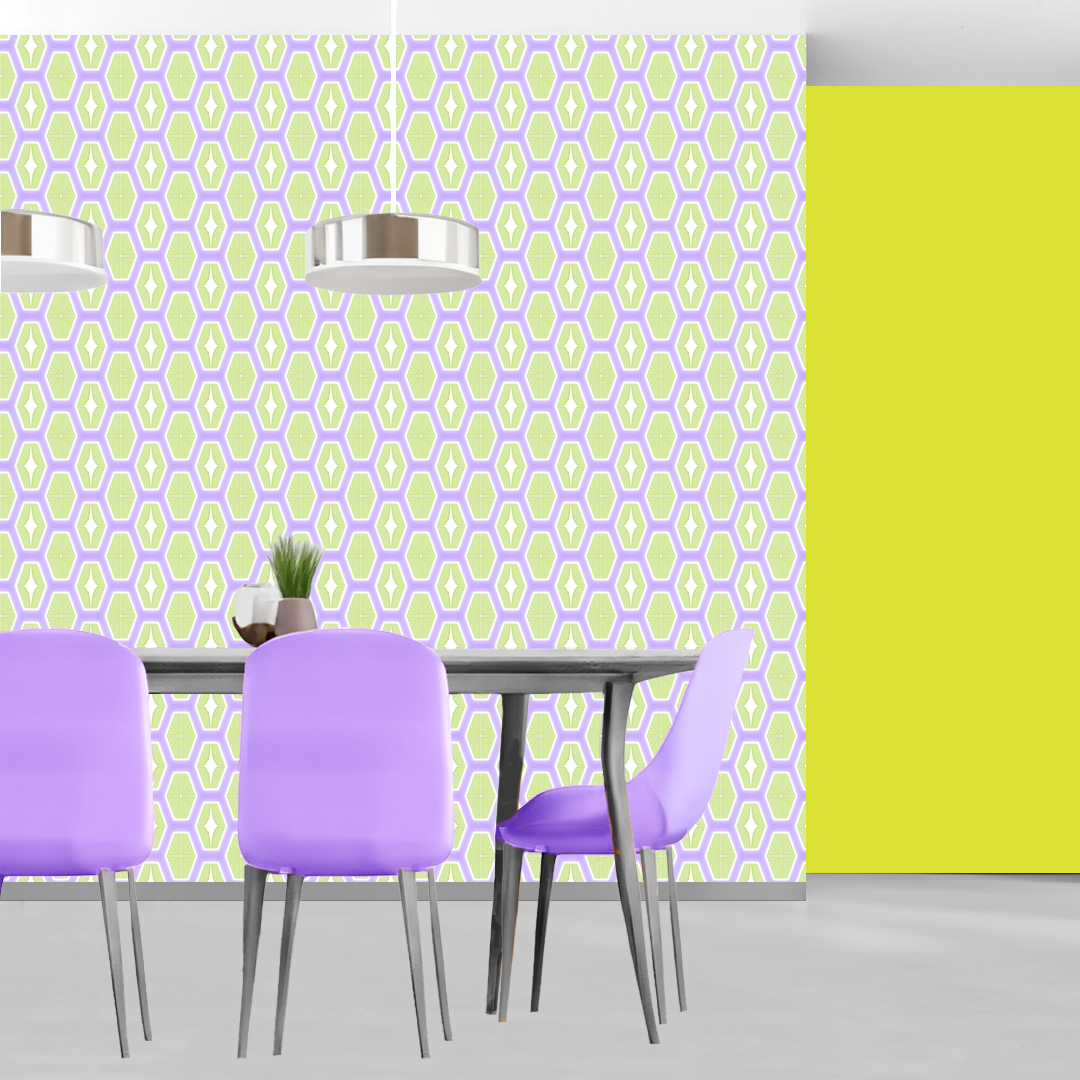 The artwork features a repeating geometric pattern of symmetrical shapes resembling elongated, curved diamonds or petals in various shades of blue and green. Each shape is split vertically with one half filled with a light blue and the other half filled with green or darker blue. The background is a light, almost pastel blue, which provides a soft yet vibrant backdrop. One of the blue shapes near the upper left contains a white starburst element, adding a focal point of brightness to the composition. The overall design conveys a modern, mid-century aesthetic with clean lines and harmonious color contrasts.